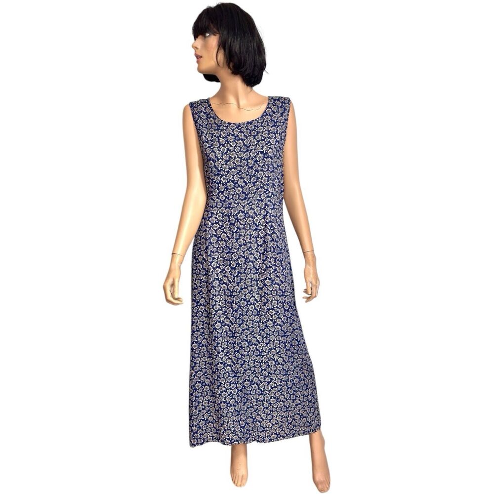 =90s Vintage Navy Ditsy Floral Maxi Dress Cinch Tie Back Cottagecore Boho
